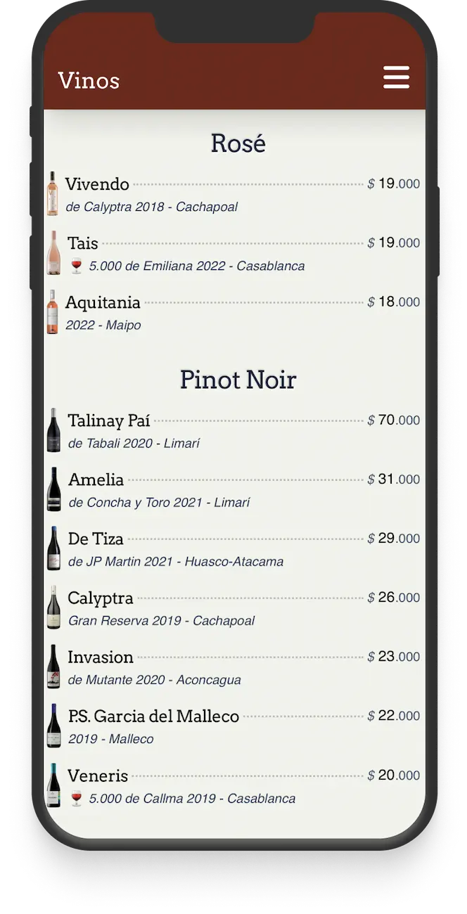 Lista de vinos en Totomenu